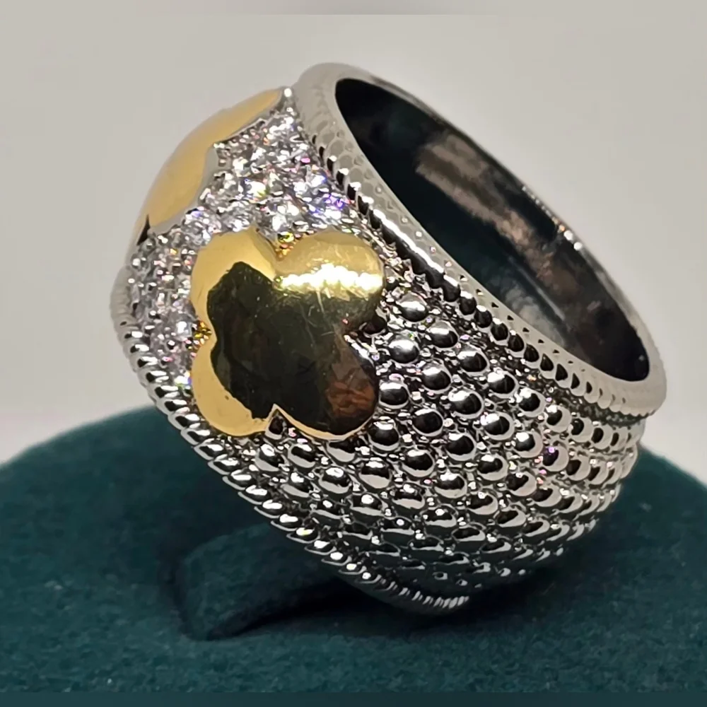 Gold & Silver Clover Accent  Wide Band Ring - Women Jewelry